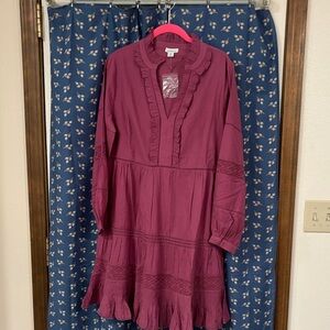 Sundance Deep Plum Ruffle-Trim Tiered Long-Sleeve Dress